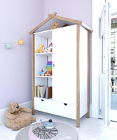 TPFLiving Kleiderschrank Malmö in Hausform - 1 Tür, 3 offene Fächer, 1 Schublade